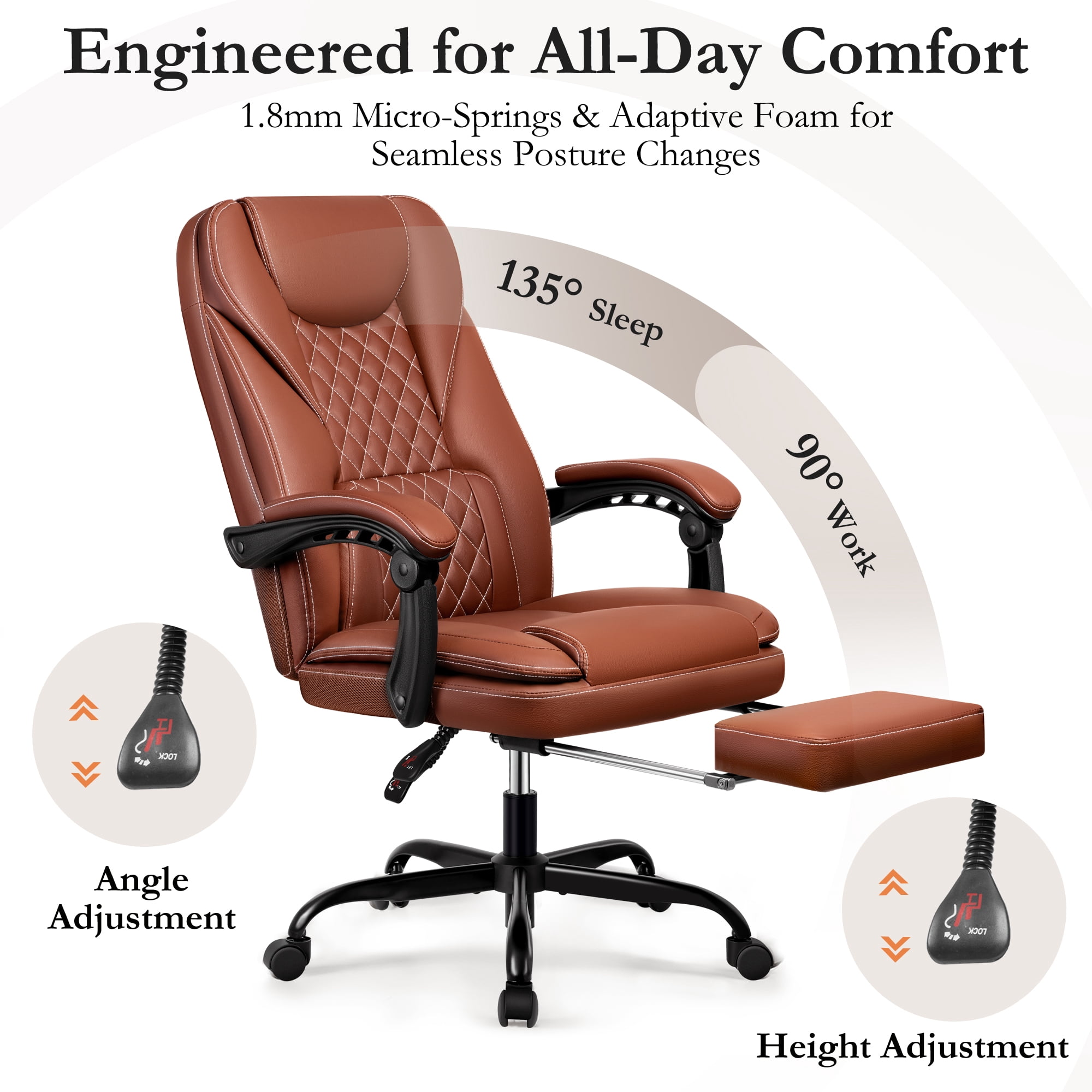 Primy Premium Executive Office Chair - Big & Tall PU Leather Reclining Chair with Footrest & Lumbar Support, 400lb Heavy Duty Ergonomic Computer Desk Chair for Home/Office, Brown