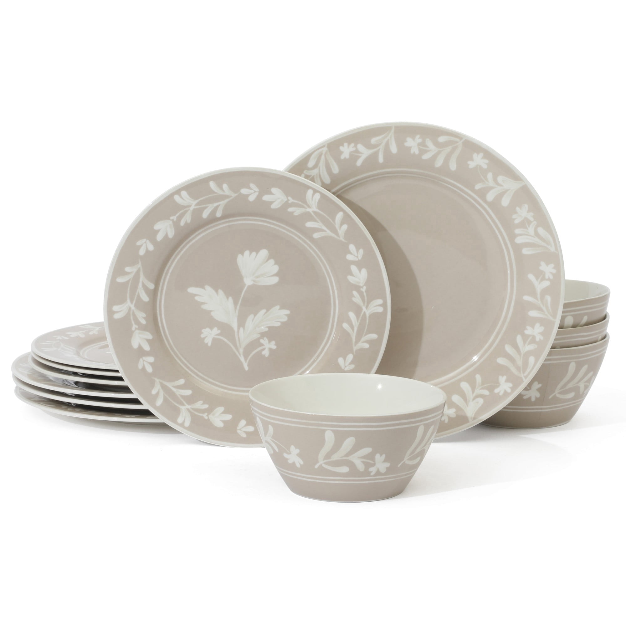 Martha Stewart Maiden Crown 12-Piece Taupe Dinnerware Set – Vegan Bone China Ceramic Plates & Bowls – Floral Design – Service for 4