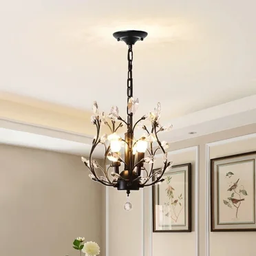 LUOLAX Vintage Crystal Branch Chandeliers, 3-Light Black Hanging Pendant Lighting Lamps
