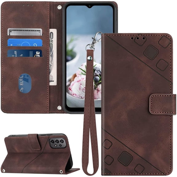 A23 5G Case Wallet,for Galaxy A23 5G Phone Case,[Card Holder Slots][Wrist Strap][Stand Function] TPU Interior Protective PU Leather Embossing Flip Cases Cover for Samsung Galaxy A23 (Brown)