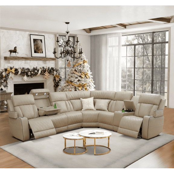 Breathing Leather Recliner Sectional Sofa Set, Power Reclining Sectional Couch Set with LED/USB Port/Cup Holders, 2 Piece Living Room Set Included Recliner Corner Couch and Single Chair (Beige)