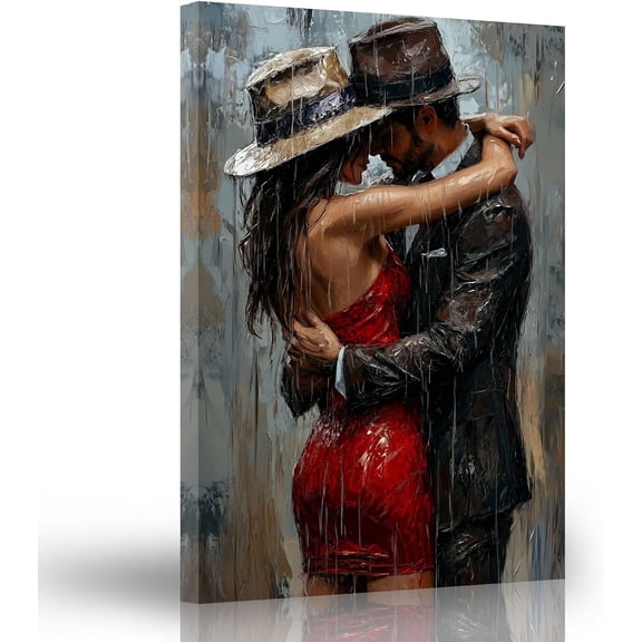 ZHONGYUTONG Romantic Couple Canvas Wall Art Black and Red Lovers Picture Abstract African American Painting for Bedroom Decor Framed (12.00" x 18.00")