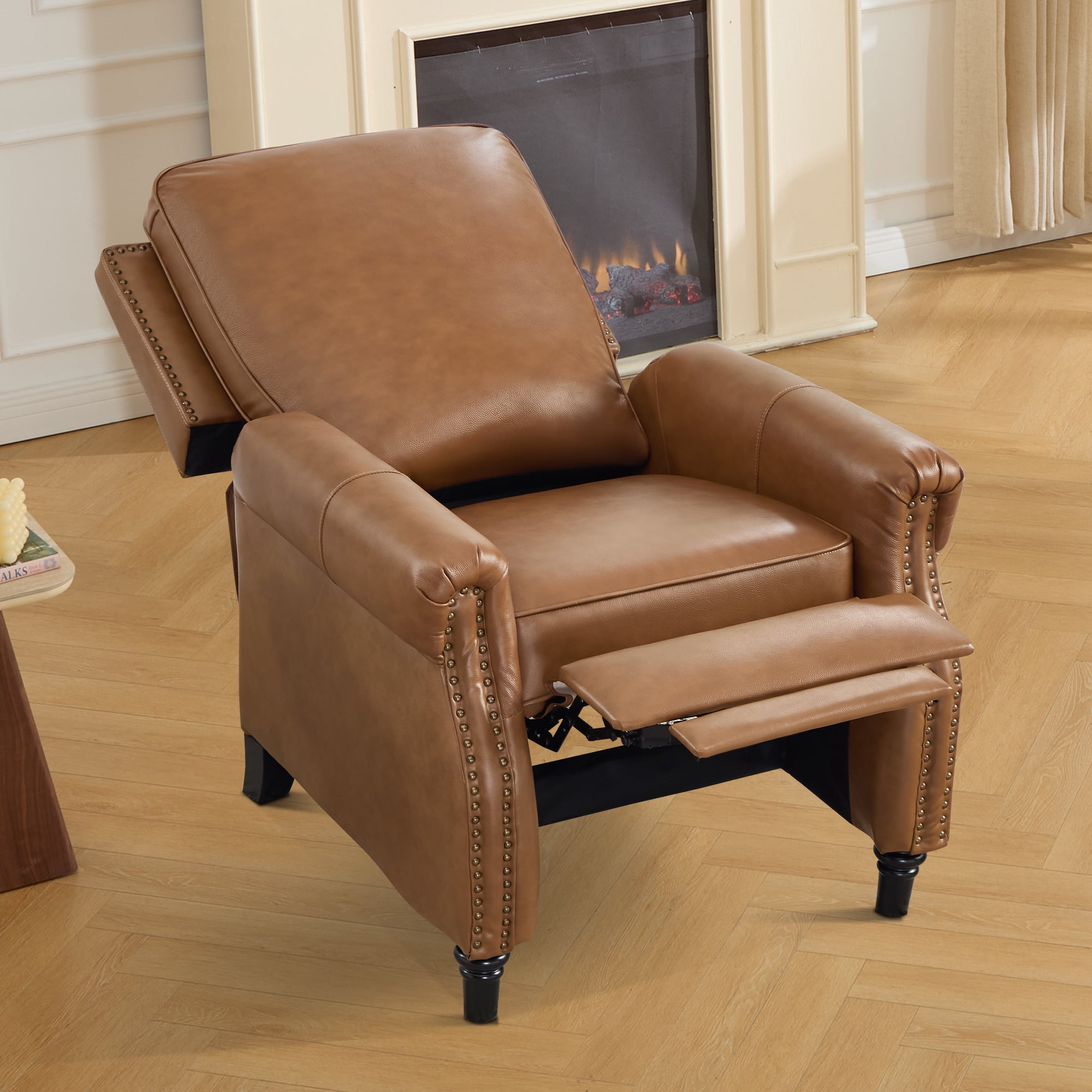 Ebello Genuine Leather Push Back Recliner Chair, Wingback Reclining Chair with Padded Seat & Rivet Decoration, Single Sofa for Living Room, Apartment (Brown)