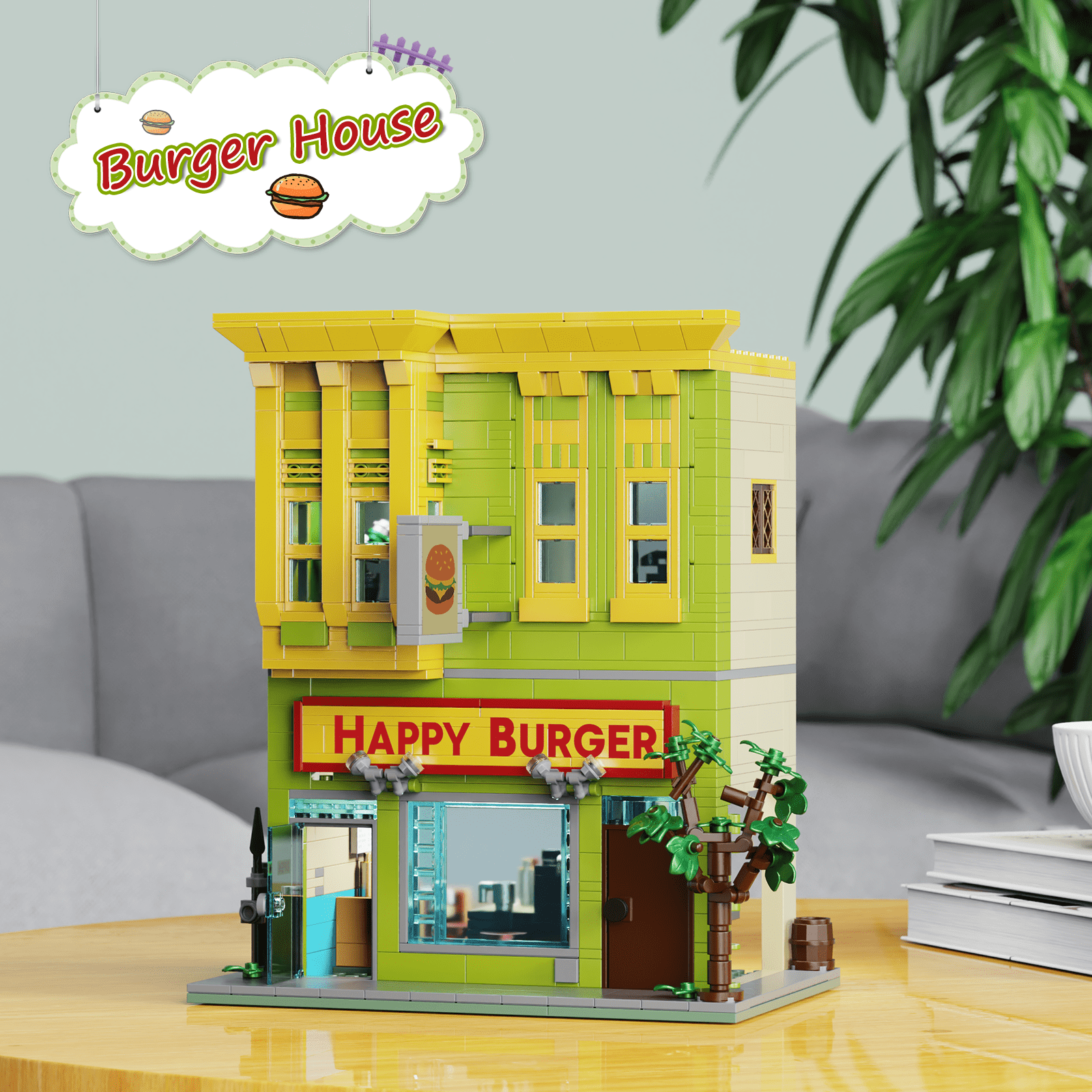 Burgers Shop Building Blocks Set Bob's Shop Model Toys Cartoon Creative Modular House Gift for Kids Adults(1018Pcs)