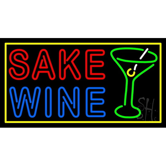 Double Stroke Sake Wine With Glass 1 LED Neon Sign 13 x 24 - inches, Clear Edge Cut Acrylic Backing, with Dimmer - Bright and Premium built indoor LED Neon Sign for Bar decor.