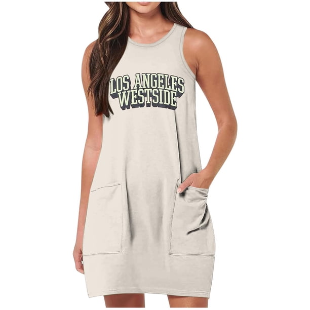 Vestido de Verano para Mujeres, Vestido de Cuello Redondo sin Mangas de Bolsillo de Impresión de Moda Casual Hecha de 95% Poliéster 5% Spandex para Primavera Verano, Vestido Sexy para Mujeres