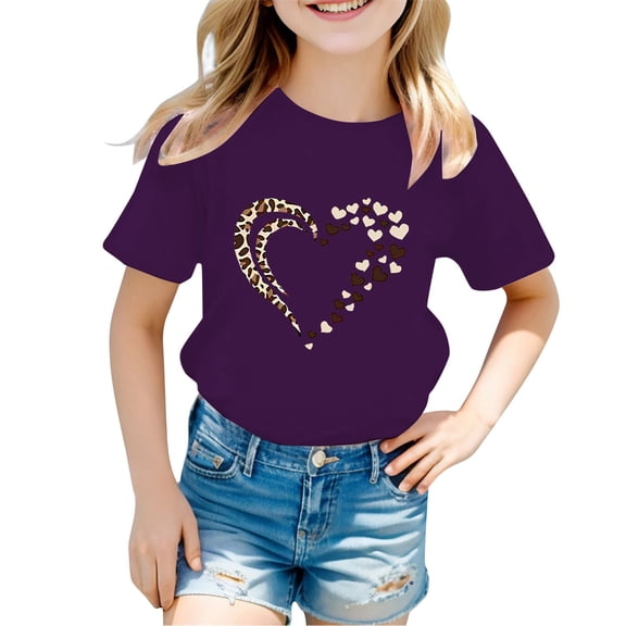 SGMVNU Graphic Tees for Girls Casual Loose Fit Short Sleeve Heart Prints Tshirts Summer Crewneck Tops Back to School Kids Clothes, Size 9-10 Years, Purple