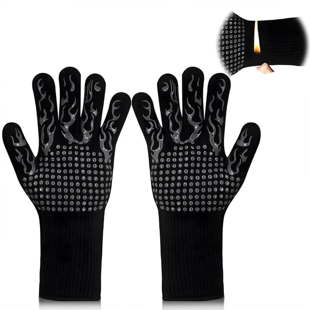 par de guantes de horno para parrilla, resistentes al calor de 1800 °F para cocinar, guantes de horno de silicona antideslizantes, guantes de parrilla para barbacoa (patrón de llama negra)