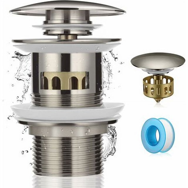 desagüe universal para lavabo desagüe para lavabo desagüe con filtro desagüe sin rebosadero desagüe para lavabo de encimera cromado sin rebosadero lavabo de baño Vista frontal de un desagüe universal cromado para lavabo de encimera con mecanismo emergente, rosca de instalación G1¼ visible, junta blanca de sellado y filtro interior dorado extraíble; junto a la unidad aparecen el tapón emergente separado y cinta de teflón. Adecuado para lavabos con orificio de desbordamiento; a menudo usado también en restaurantes y hoteles.