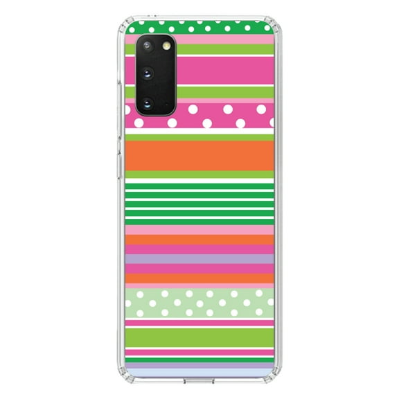 DistinctInk Clear Shockproof Hybrid Case for Galaxy S20 PLUS / 5G (6.7" Screen) - TPU Bumper, Acrylic Back, Tempered Glass Screen Protector - Green Pink White Stripes Polka Dots