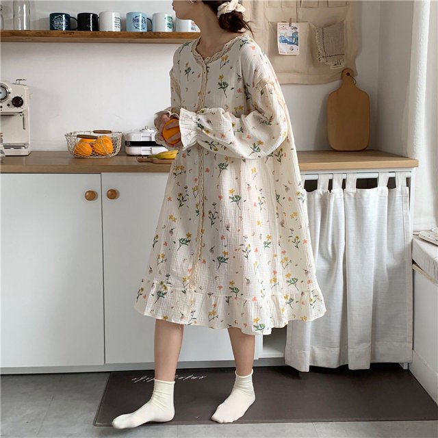 Conjunto de traje para el hogar de otoño e invierno dulce informal de algodón suave estampado de seda pantalones de manga larga ropa exterior