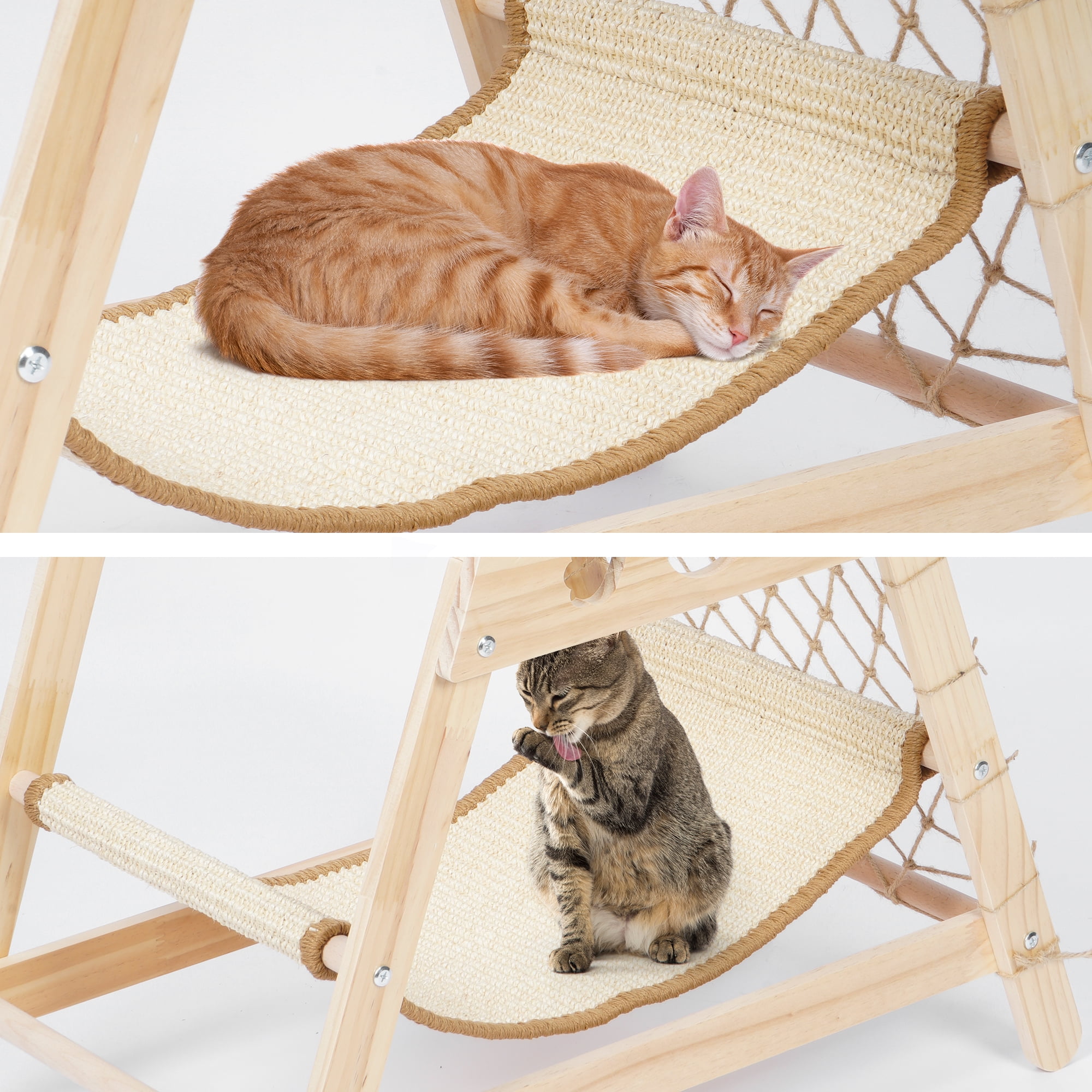 AIWFL Cat Hammock, Cat Furniture Cat Tower with Straching Post Climbing Web and Danging Sisal Ball, Solid Wood Indoor Cat Tree