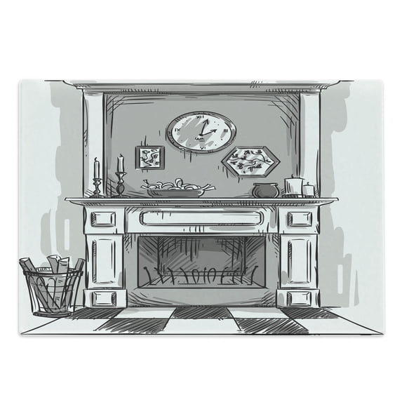 Fireplace Cutting Board, Greyscale Sketchy Illustration of Cozy Edge of Home with Log Fire, Decorative Tempered Glass Cutting and Serving Board, in 3 Sizes, by Ambesonne