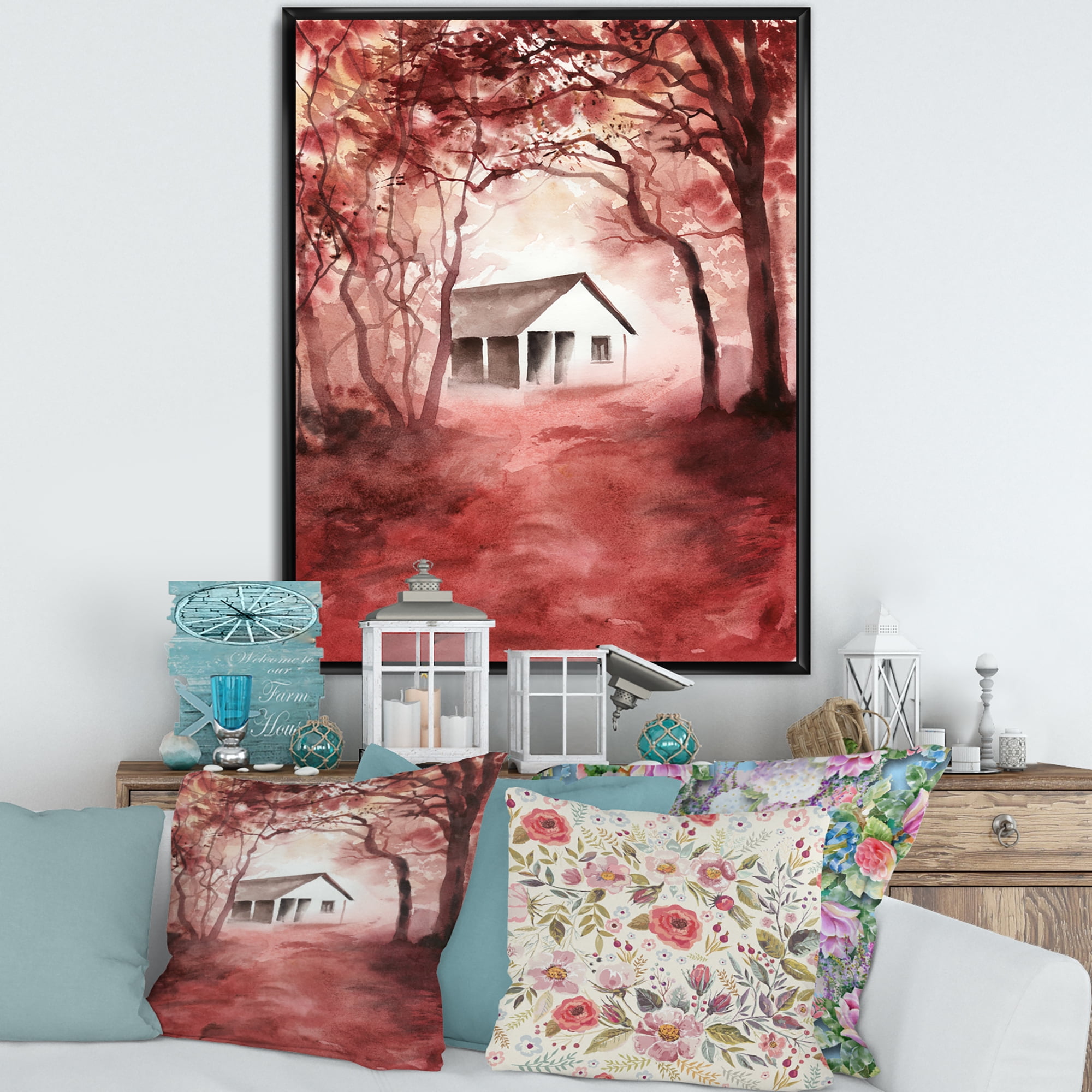 Red Autumn Woods and A House in Wild 24 in x 32 in Framed Painting Canvas Art Print, by Designart