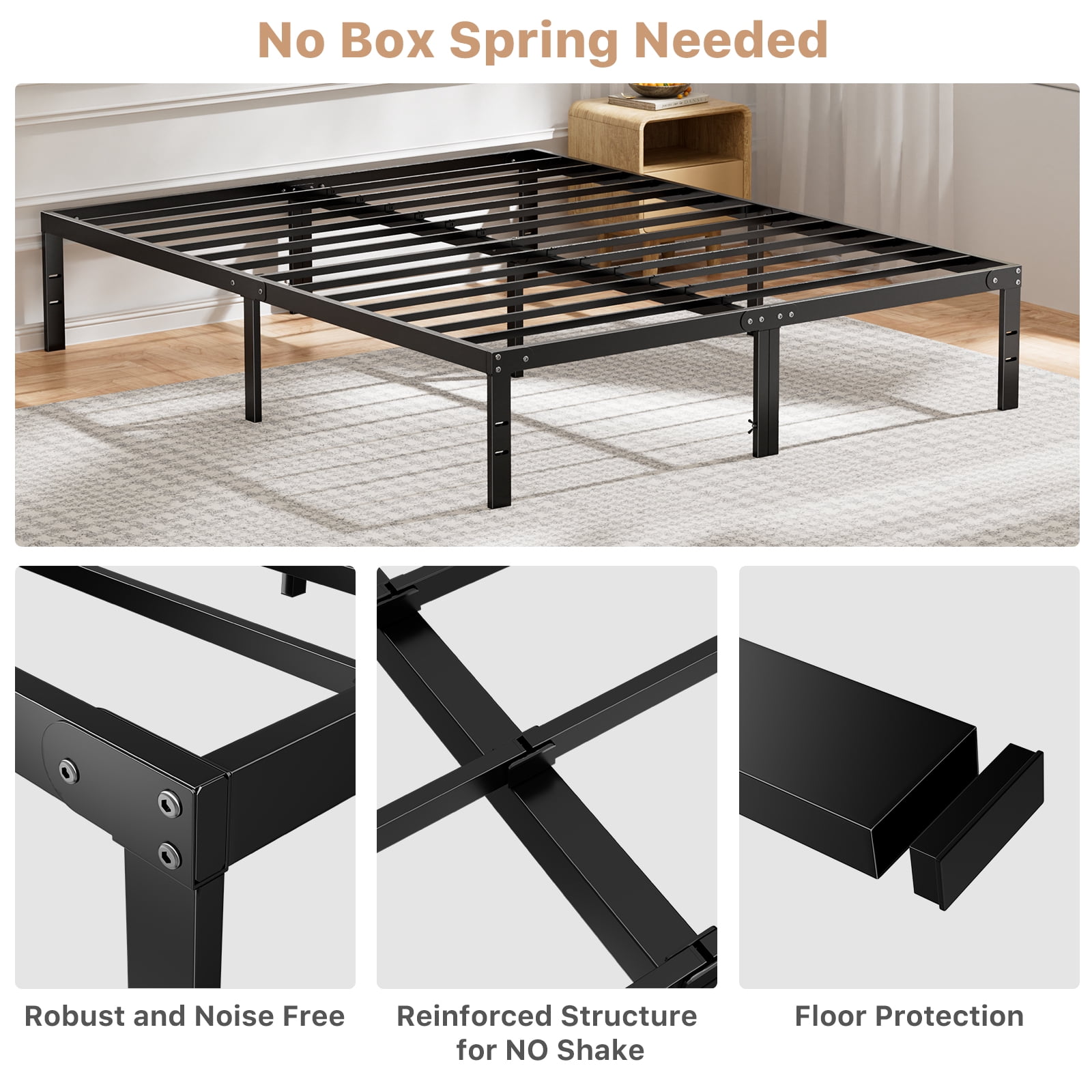 JIOABL Home 14-Inch Queen Elevated Steel Platform Bed Frame, Silent and Sturdy Support , Expanded Under-Bed Storage