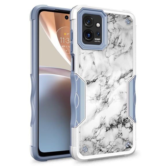 Rosebono Compatible With Motorola Moto G Power 5G 2023 Case, Hybrid Dual Layer Graphic Design Pattern Heavy Duty Protection Case For Motorola Moto G Power 5G 2023 (White Marble)