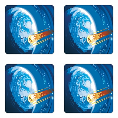 Fantasy Coaster Set of 4, Space Comet Rushing to Planet Galaxy Cosmos Themed Stardust Illustration, Square Hardboard Gloss Coasters, Standard Size, Violet Blue Orange, by Ambesonne