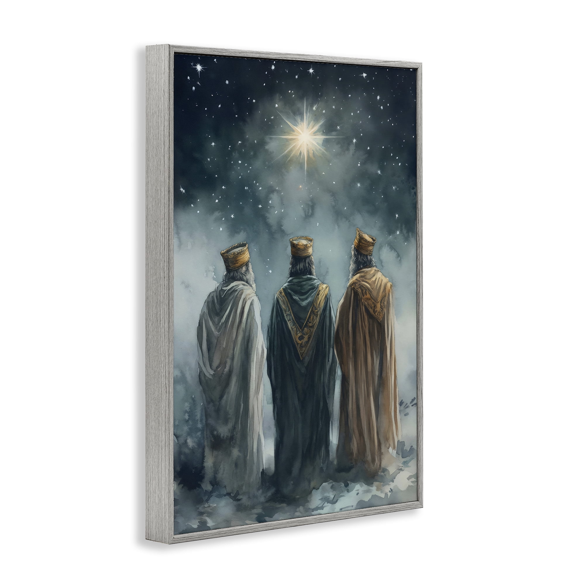 Three Wise Men & North Star Gray Framed Giclee Art, design by Petal Prints Design
