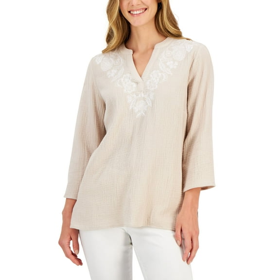 JM Collection Petite Embroidered Top Sugar Sand PXS