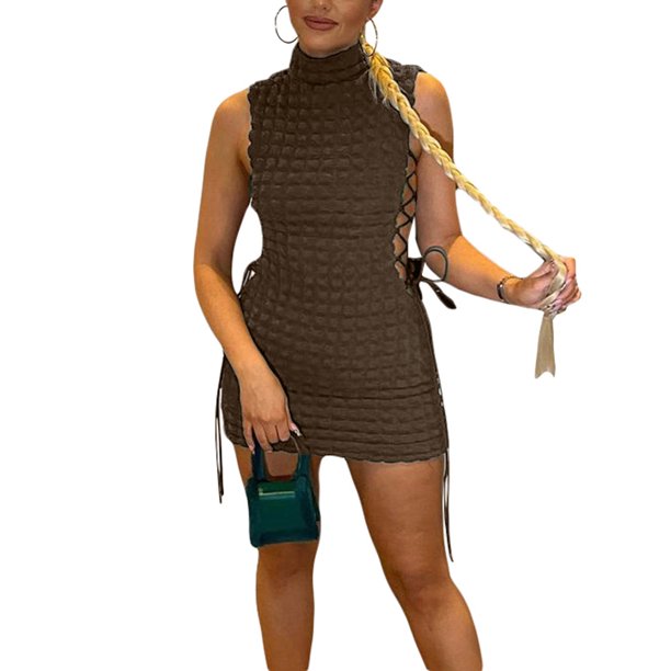 VISgogo - Vestido ajustado de verano para mujer, color sólido, sin mangas, cuello alto, vestido de vendaje hueco VISgogo moda