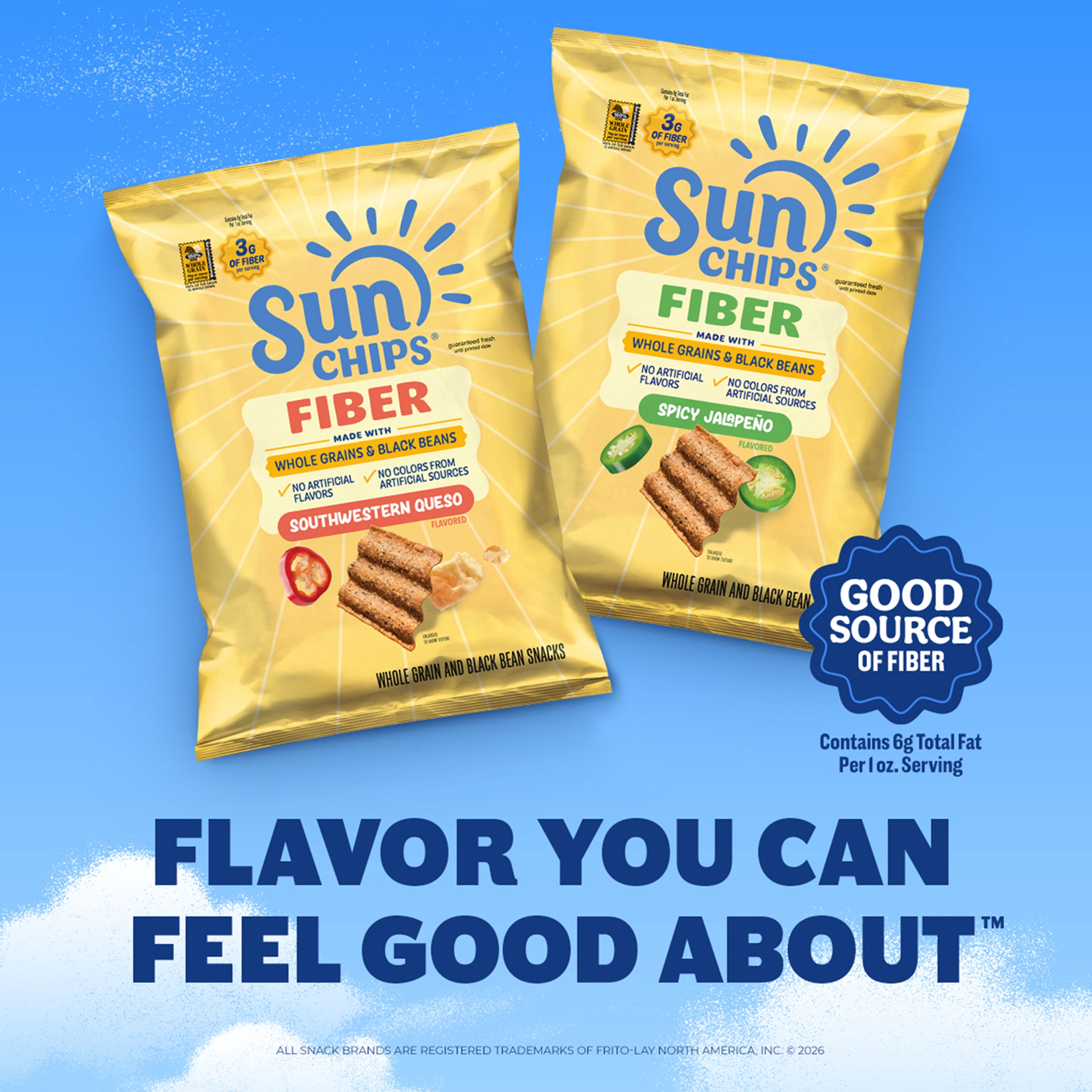 SunChips Whole Grains and Black Bean Fiber Snacks Variety pack, Spicy Jalapeno and Southwestern Queso (21 count)