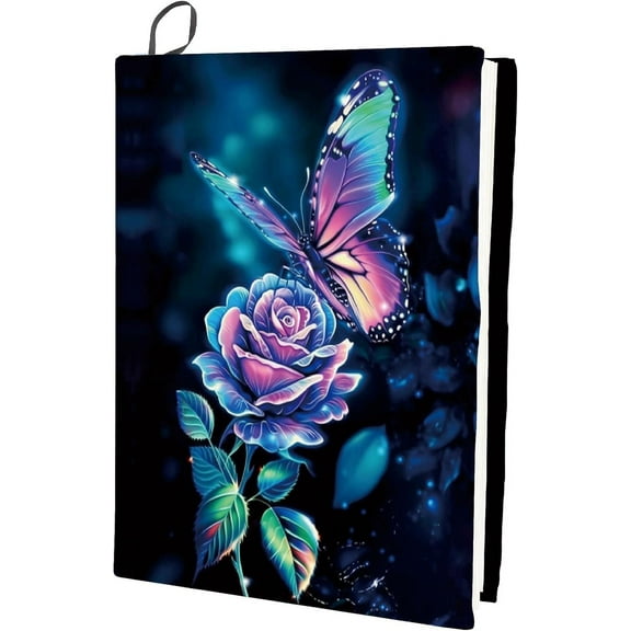 1 pc Butterfly Stretchable Book Cover Rose Flower Washable Reusable Large Nylon Book Protector Elastic Notebook Wraps Suitable for 9 x 11in Hardcover Books Classroom Students
