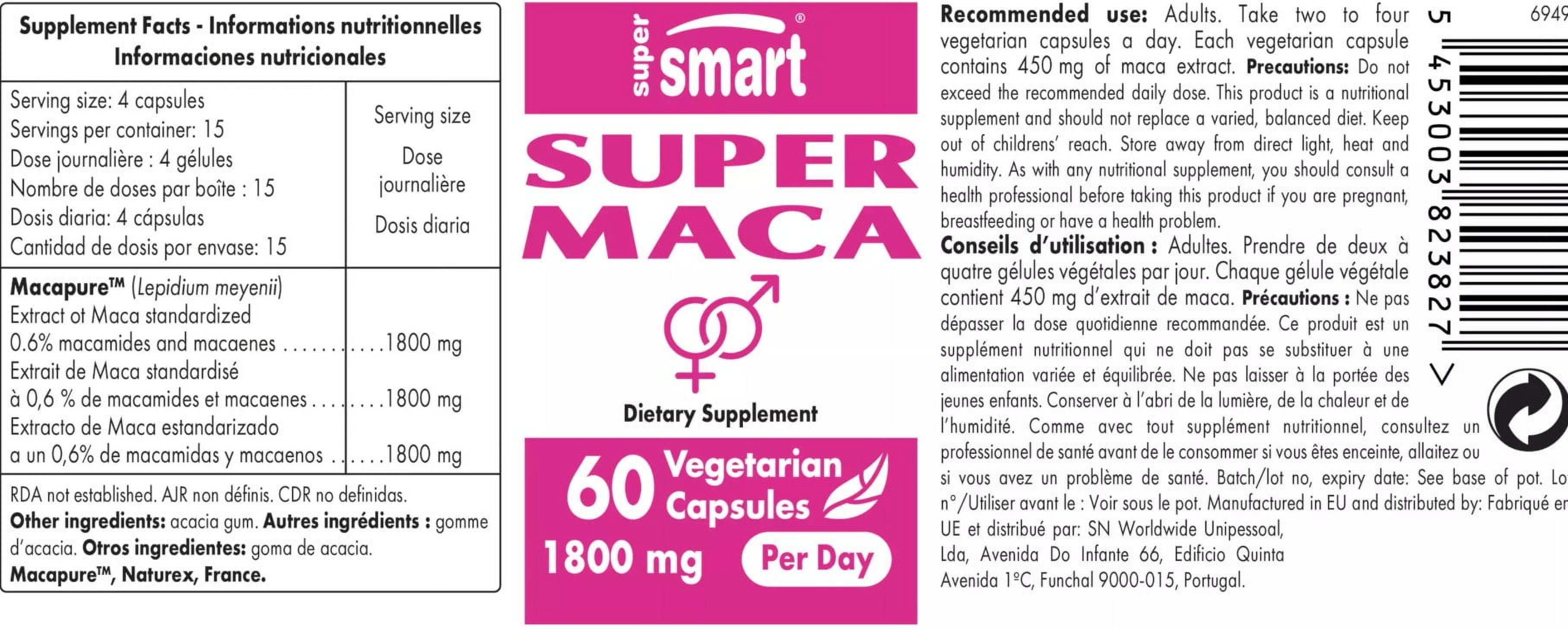 SuperSmart - Super Maca 1800 mg per Day - Black, Red & Yellow Maca Root Complex - Libido Supplement for Men & Women | Non-GMO & Gluten Free - 60 Vegetarian Capsules