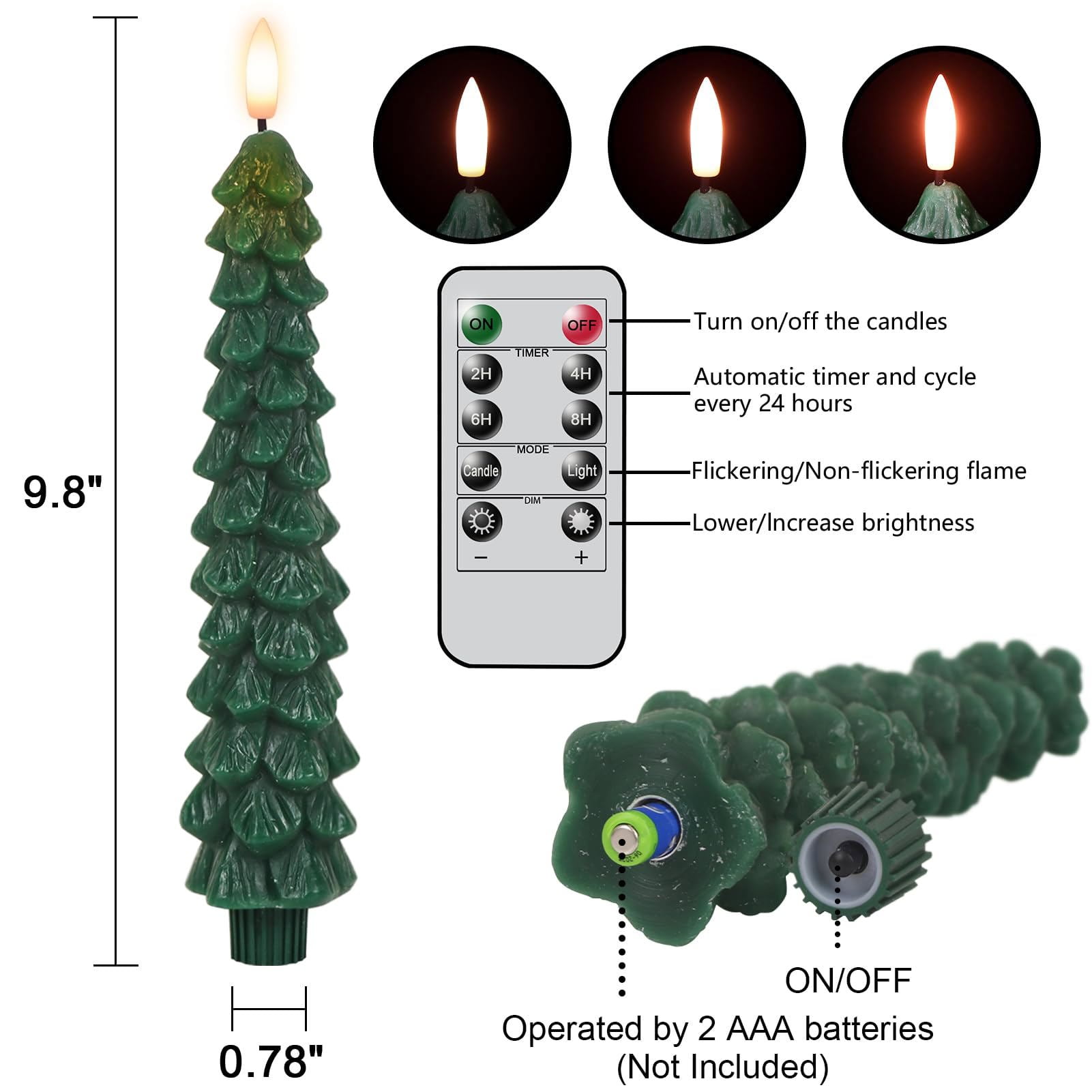 Christmas Tree Flameless Taper Candles with Remote Timer, Christmas LED Taper Candles with 3D Flame, 4 Pcs Green LED Candlesticks for Christmas Home Decoration