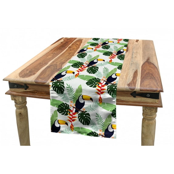 Tropical Table Runner, Colorful Hawaiian Illustration of Toucan Birds Heliconia and Plumeria Flowers, Dining Room Kitchen Rectangular Runner, 3 Sizes, by Ambesonne
