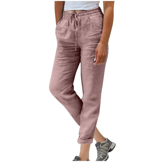 FNFYFH Clearance Womens Cotton Linen Pants Drawstring Elastic Waisted Pant with Pockets Solid Trousers,Green