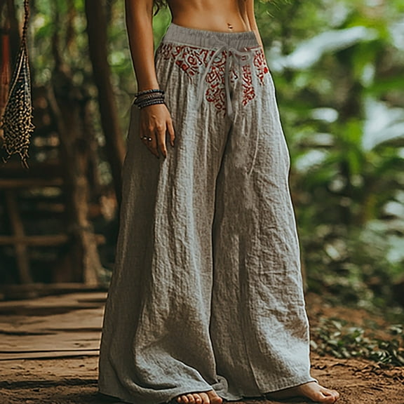 Bovemsi Women's Bubble Texture Linen-Like Ethnic Print Casual Pants – Retro Floral Wide Leg Trousers for Summer, Gray, XL