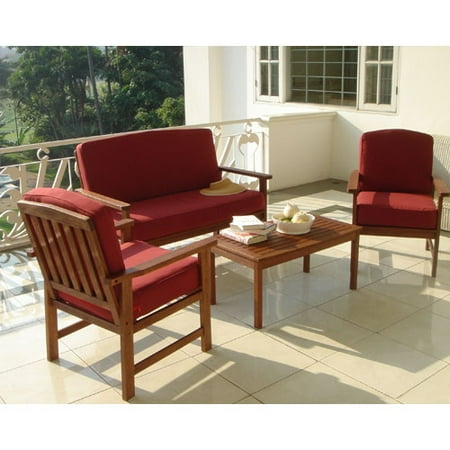 Delahey 4 Piece Wooden Chat Set With Burgundy Cushions Delahey 4 Piece Wooden Chat Set With Burgundy Cushions