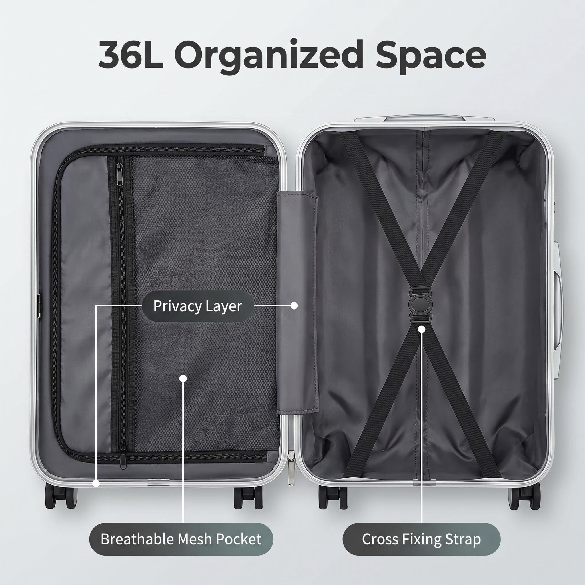 HEMXSZH 20 Inch ABS+PC Hardside Rolling Luggage with Password Lock, USB Port & Cup Holder Suitcase, Black