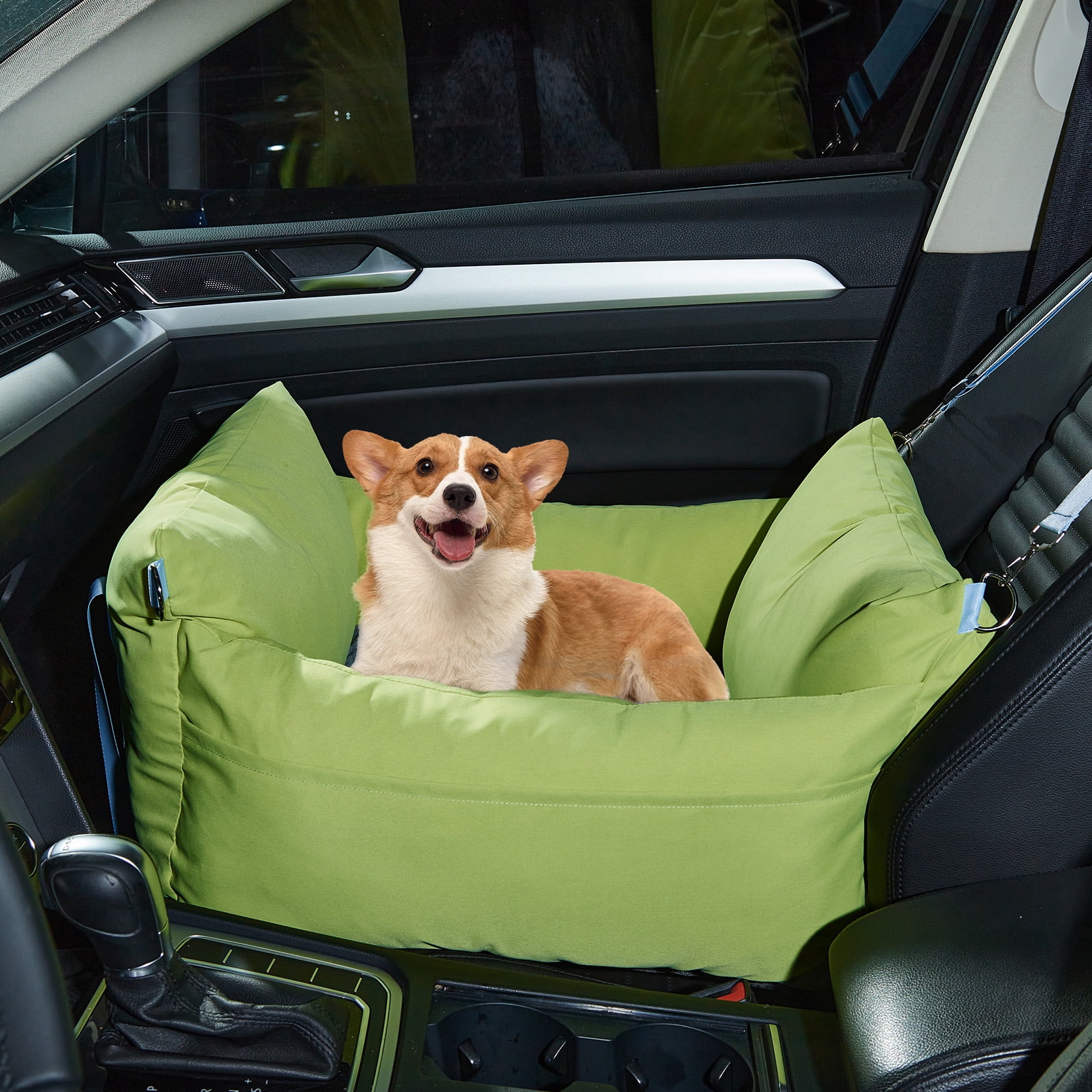 Dog Car Seat for Small Dogs, Waterproof Booster Seat with Safety Leash, Portable Pet Travel Bed with Storage Pockets, Non-Slip Bottom for Front & Back Seat (Green, 23.6 x 19.7 x 13 in)