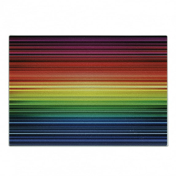 Abstract Cutting Board, Digital Rainbow Stripes with Gradient Neon Effects Featured Horizontal Bands Print, Decorative Tempered Glass Cutting and Serving Board, Small Size, Multicolor, by Ambesonne