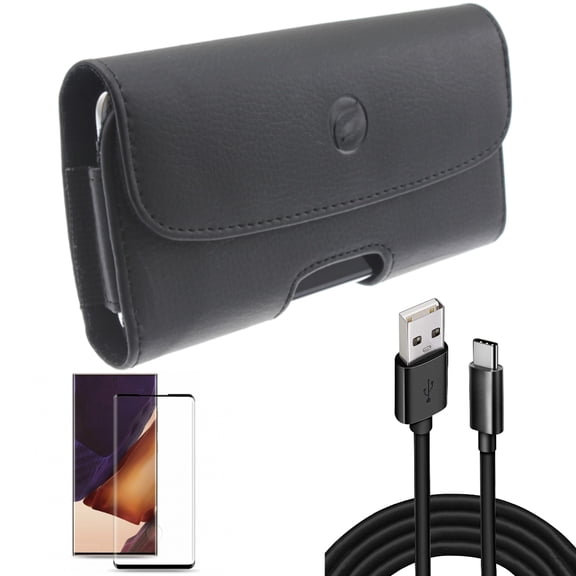 Case Belt Clip & 10ft USB Cable & Screen Protector for Samsung Galaxy Note 20 Ultra (6.9") - Combo with Leather Holster & Type-C Charger Cord & Tempered Glass (Fingerprint Unlock)