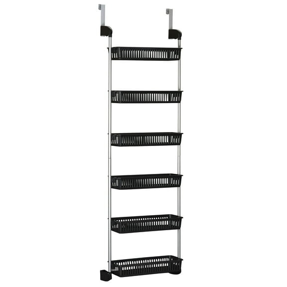 Household Essentials Over the Door Storage Rack, 6 Basket Door Organizer, Great for Use in Pantry as Spice Rack, Black