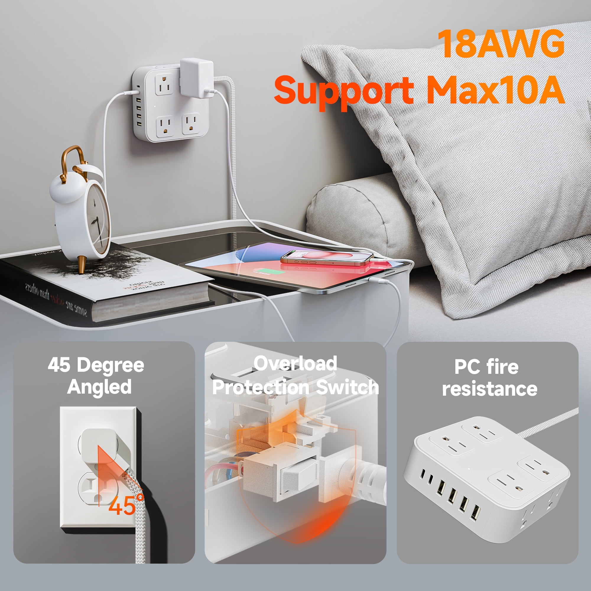 USB Charging Strip - 8 AC Outlets Extender 6 Fast-Charging USB Ports Heavy-Duty US Standard Socket with Extension Cable Multi-Device Charger Station for Office Home Travel（White）