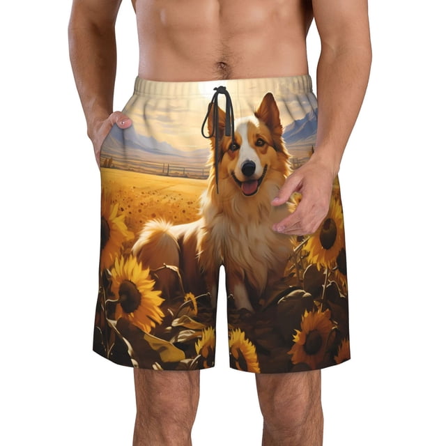 Balery Pastoral Sunflower Corgi Traje de Baño Estilo Hawaiano para Hombre, Shorts de Secado Rápido con Bolsillos-Small