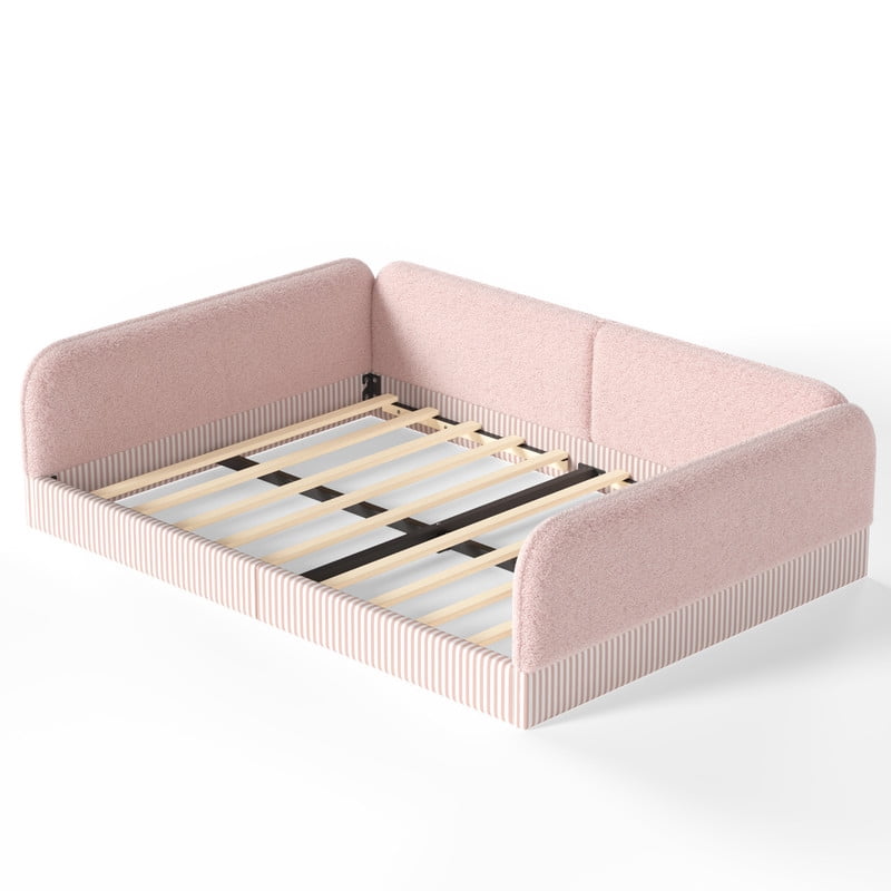 Queen Size Upholstered Floor Daybed Frame for Kids, Half-Enclosed Montessori Platform Bed with 3-Sided Surrounding Guardrails