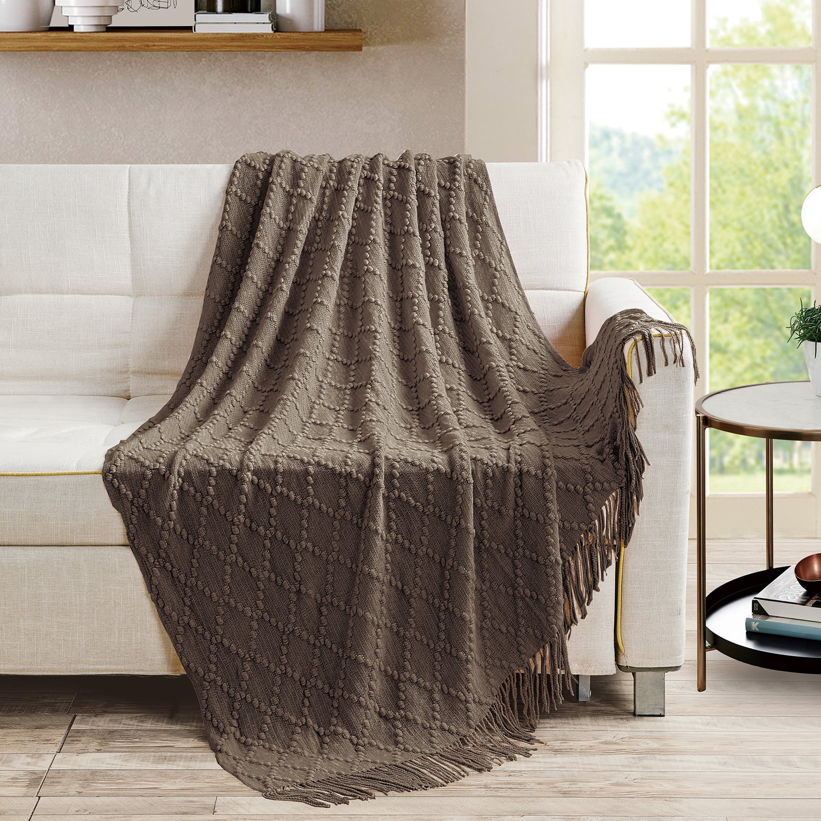 Bourina Throw Blanket Textured Solid Soft Throws and Blankets for Sofa or Bed Knitted Decorative Blanket 50 x70 Inches Jacquard Rhombu Brown for Adults