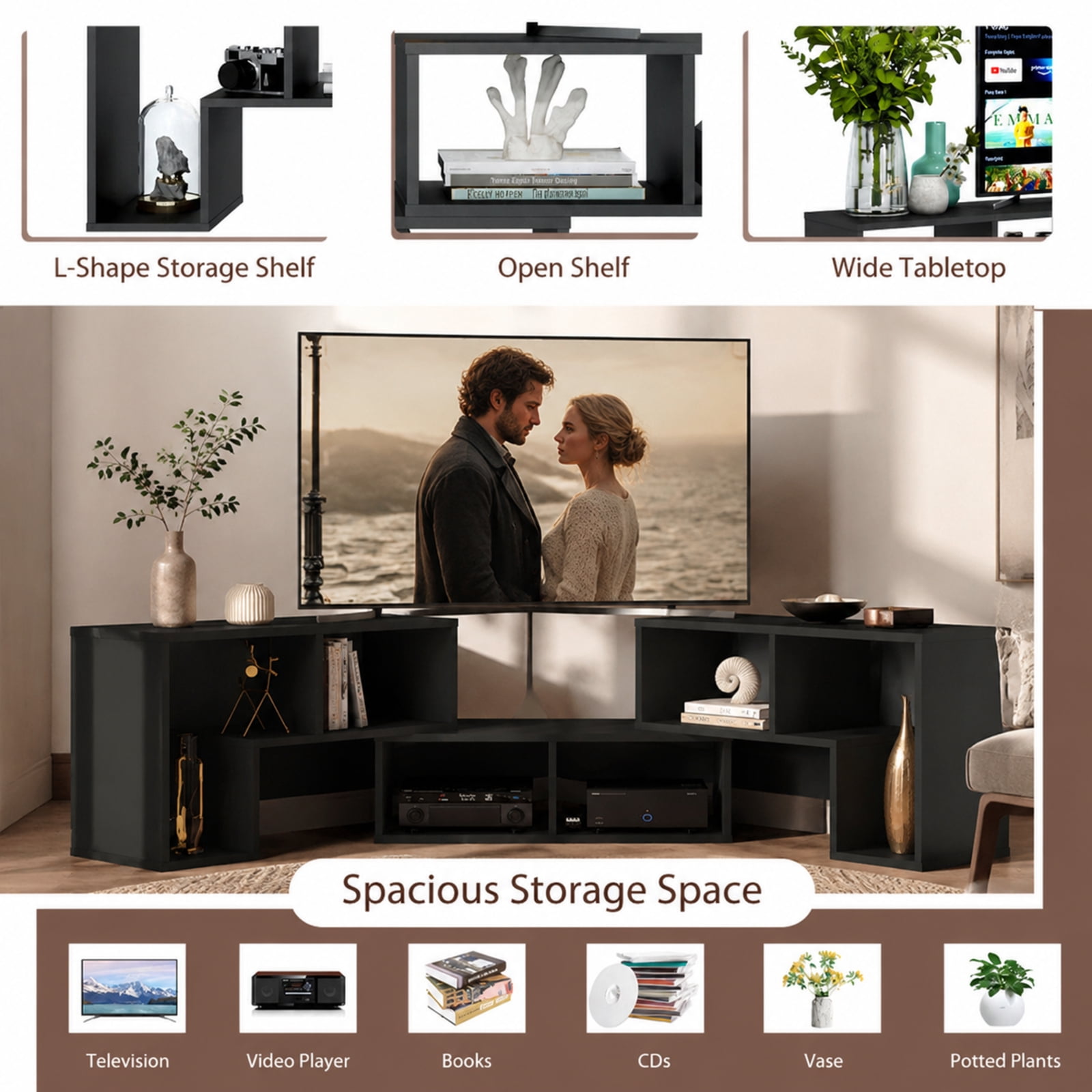 Furnibear 3 Pieces Adjustable TV Stand for TVs up to 65 Inch with Shelves for Living Room Bedroom Media Console Entertainment Center, Black
