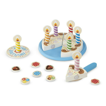 Melissa & Doug Birthday Party Cake (Wooden Play Food, Mix-n-Match Toppings and 7 Candles, Sturdy Construction, 34 Pieces)