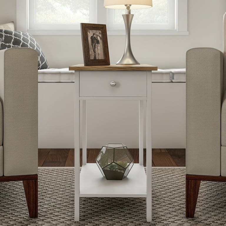Lavish Home 2 Toned Slim End Table with Drawer and Storage Shelf