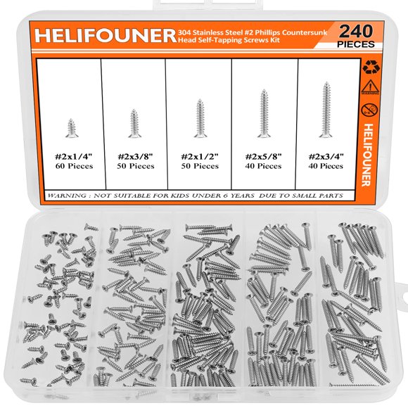 #2 X 1/4"" 3/8"" 1/2"" 5/8"" 3/4"" Wood Screws Set Helifouner 240 Pieces Phillips Countersunk Head Self-Tapping Screws Assortment Kit Phillips Flat Head Wood Screws 304 Stainless Steel