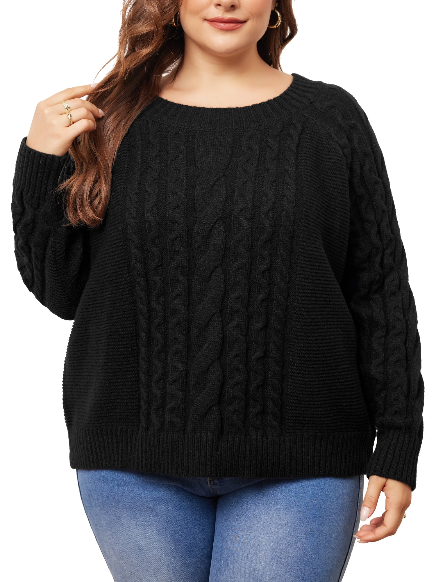 DARING DIVA Plus Size Long Sleeve Crewneck Fisherman Cable Pullover Sweater 3X Black