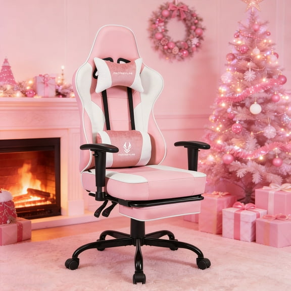JONPONY Big and Tall Gaming Chair with Footrest 400lbs Massage Gamer Chair with Memory Foam Adjustable Tilt Back Angle & Armrest, High Back Leather Computer Office Chair,Pink White