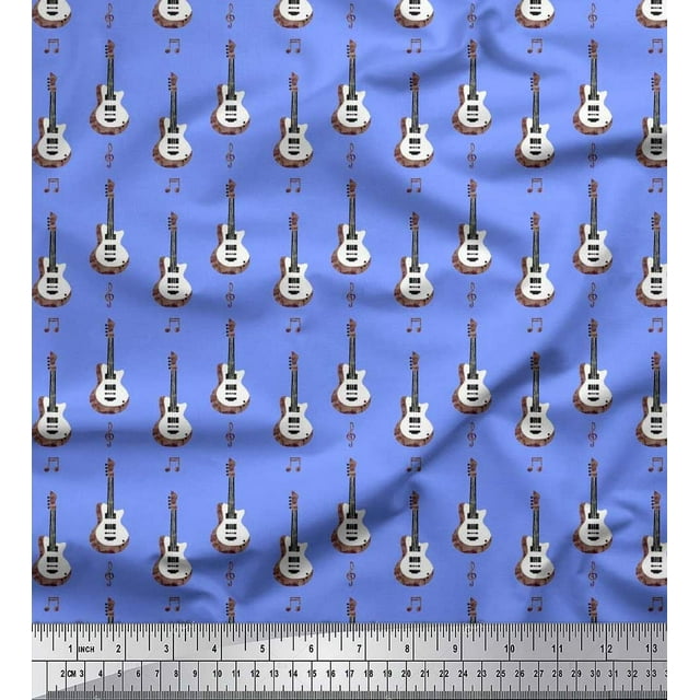 Soimoi Tissu Crêpe de Rayonne Notes & Guitare Instrument de Musique Imprimé Tissu au Mètre 46 Pouces de Large