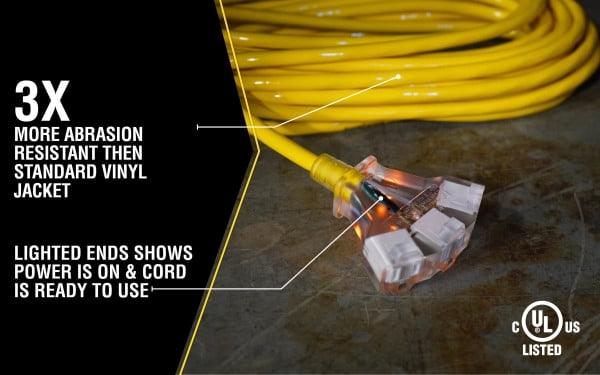 Yellow Jacket 2827 12/3 Heavy-Duty 15-Amp Premium SJTW Contractor 3-Outlet Extension Cord with Lighted End, 50-Feet