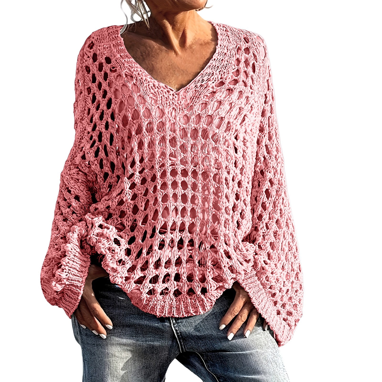 T Shirts For Women Crochet Knit V Neck Long Sleeve Hollow Out